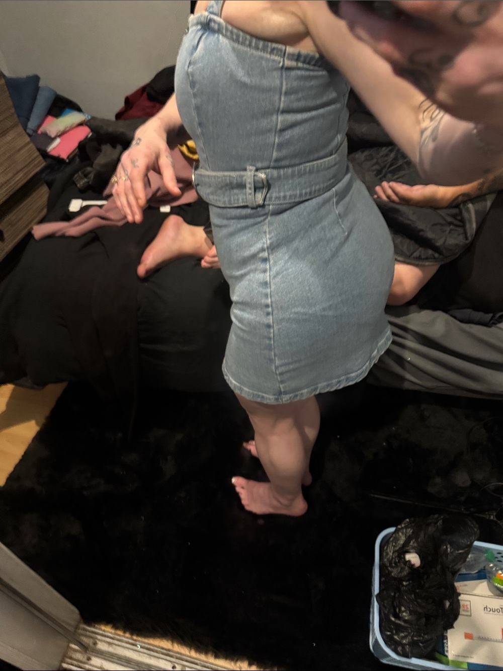 Light Blue Denim Button-Front Mini Overall Dress with Belt